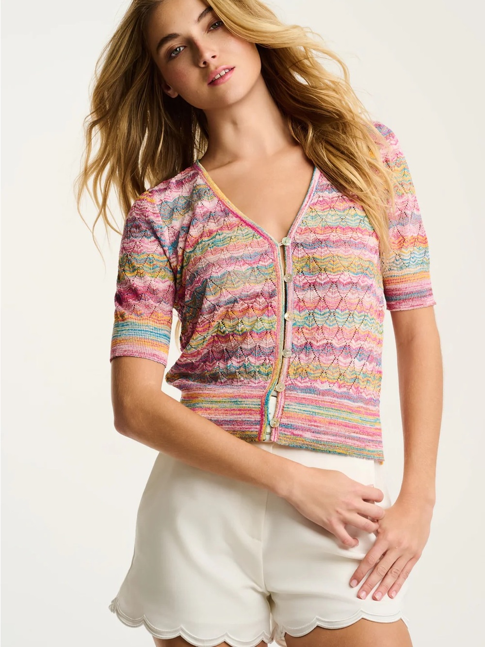 LISA TODD SUN SATIONAL BUTTON UP MULTICOLORED SHORT SLEEVE SWEATER